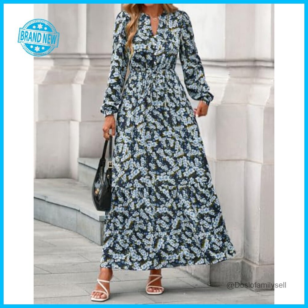 Boho Maxi Dress Floral Long Sleeve V-Neck Button Pockets Flowy Wedding Guest - Picture 2 of 7
